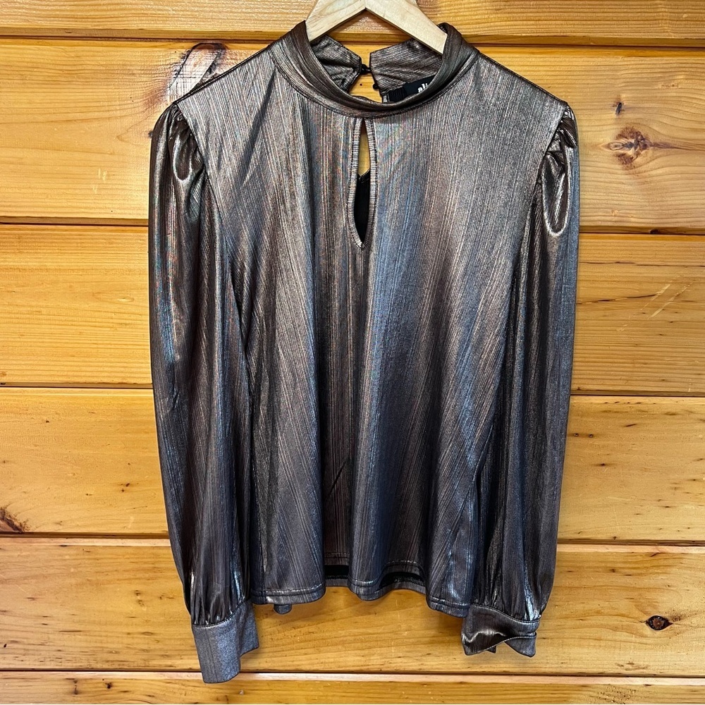 Alice Blue Golden Metallic Long Sleeve Mock Neck Keyhole Women’s Blouse Top M